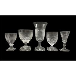 Early 19th century glass rummer with hobnail cut decoration on a square foot, a small hobnail cut rummer, tall glass rummer, small etched wine glass and one other (5)