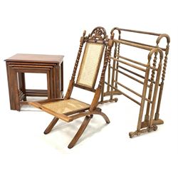 20th century mahogany nest of four tables with floral brass inlay, (W53cm) together with a 20th century campaign style folding chair with bergere back and seat (W44cm) and two Late Victorian towel airers (W76cm)