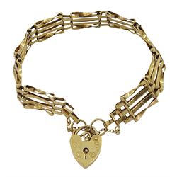 9ct gold four bar gate bracelet, with heart locket clasp, hallmarked, approx 9.55gm