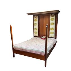18th century design mahogany half tester bedstead, moulded cornice canopy above panelled headboard, chamfered foot uprights with cone finials, together with mattress, bedspread and hanging cushions designed by Janet Rawlings
