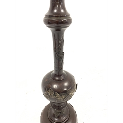 Japanese Meiji bronze standard lamp of baluster design decorated with a raised pattern of gilt flowers, H140cm