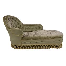 Victorian chaise longue, upholstered in green buttoned back fabric, raised on turned supports, terminating in ceramic castors 