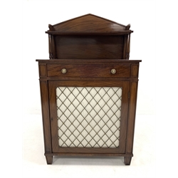 Early 19th century mahogany chiffonier, raised back with open shelves on turned spindles, over drawer and cupboard, enclosing two shelves, raised on shaped square tapered supports, W77cm, H133cm, D35cm
