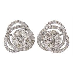 Pair of 18ct white gold round brilliant cut diamond cluster stud earrings, stamped K18, total diamond weight approx 1.50 carat