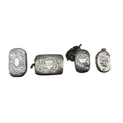 Edwardian rectangular silver vesta case with engraving and initials Birmingham 1903, another with domed top and two other silver vesta cases (4)