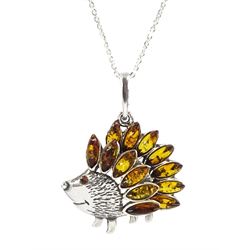 Silver Baltic amber hedgehog pendant necklace, stamped 925