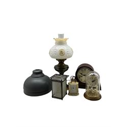Victorian oil lamp, pair of metal pendant light shades, three clocks together with a pewter lantern (7)
