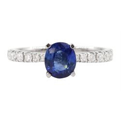 18ct white gold oval cut Ceylon sapphire ring, with diamond set shoulders, sapphire approx 0.90 carat