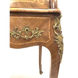 French Louis XV design kingwood cylinder front bureau with inlaid decoration, the interior with tooled leather writing surface and small drawers, three drawers under with gilt metal mounts and sabot feet W122cm H107cm,D67cm