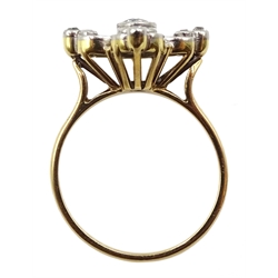 9ct gold and platinum old cut diamond, open work flower head cluster ring, central diamond approx 0.25 carat