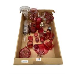 Early 20th century and later cranberry glass including sugar sifters, pulpit vase, jugs etc in one box