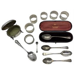 Six various silver serviette rings, Victorian silver teaspoon, cased and four others, silver oval ring box and a salt spoon