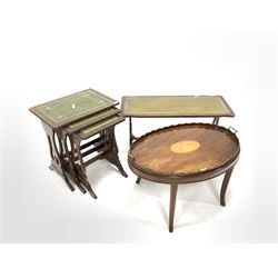 Edwardian inlaid mahogany tray top table, (W76cm) together with a nest of three mahogany tables with inset tooled leather tops (W53cm) and a similar coffee table, (W90cm) 