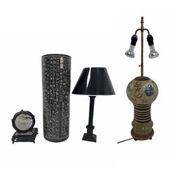 20th century Chinese twin-branch earthenware table lamp with hand-painted roundels on hardwood base, H76cm, Ebonised wooden column table lamp, a tall ceramic umbrella stand with incised decoration H81cm and two hardwood hardwood vase stands (5)