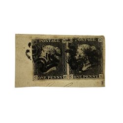 Queen Victoria penny black pair on piece, both cancelled with black MX
