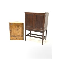 Early 20th century oak cabinet, fitted with two slides and a drawer (W67cm) together with a small corner cupboard (W49cm)