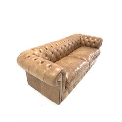 Chesterfield three seat sofa, upholstered in deep buttoned and studded tan leather W213cm