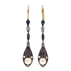 Pair of diamond, sapphire and pearl pendant earrings