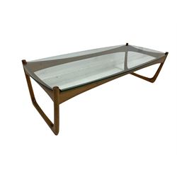 1970s teak framed coffee table, rectangular form with shaped glass top