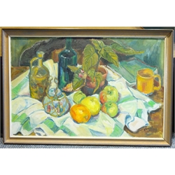 Eunice Giudici (British 1920-1998): 'Green Still Life', oil on board signed and dated 1975, titled and inscribed verso 45cm x 69cm