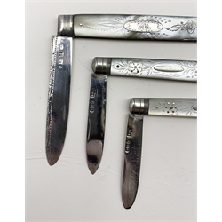 Pair of late Victorian silver bladed and mother-of-pearl fruit knives Sheffield 1899 Maker Worth & Sons and another  Sheffield 1822  (3)