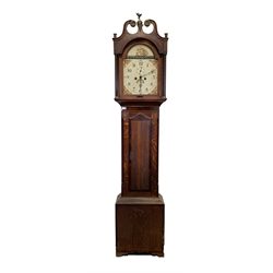 19th century oak and mahogany banded longcase clock, white enamel dial with Arabic chapter ring, subsidiary seconds ring and date aperture, eight day movement striking hammer on bell, with weights and pendulum