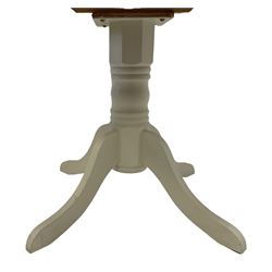 Painted oak breakfast table, circular top raised on white painted turned pedestal with quadrupod base (W100cm H76cm); and set four painted oak kitchen chairs, hoop and stick back, raised on turned supports united by H-stretcher, with silver finish detail and bee decoration (W44cm H90cm)