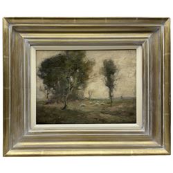 John Robert Sutherland (British 1870-1933): Sheep Grazing in an Open Pasture, oil on canvas signed verso 22cm x 29cm