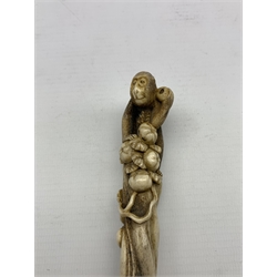 Edwardian silver and bone letter opener, the handle finely carved as a Monkey gathering fruit by James Deakin & Sons, Sheffield, 1907 L31.5cm 
