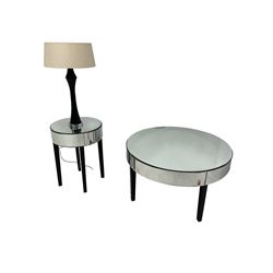 Circular mirrored coffee table fitted with single drawer on ebonised supports, with matching lamp table and lamp (3)