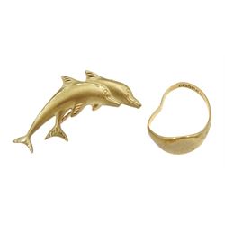 9ct gold dolphin brooch, stamped 375 and a 9ct gold signet ring hallmarked, approx 3.7gm