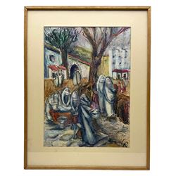 Lotti Reizenstein (German/British 1904-1982): Women Washing Clothes in a Middle Eastern Village, mixed media on paper signed 48cm x 34cm