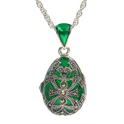 Silver plique-a-jour and marcasite locket pendant necklace, stamped 925 