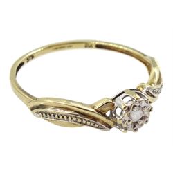 9ct gold single stone diamond ring, with crossover design shoulders, hallmarked 