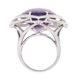 18ct white gold amethyst and diamond suite, comprising necklace, pair of pendant stud earrings and bracelet and ring, each with pear cut amethysts and round brilliant cut diamonds, stamped 750 