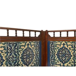 Late 19th century mahogany three panel folding screen, moulded frame detail and spindle balustrade top