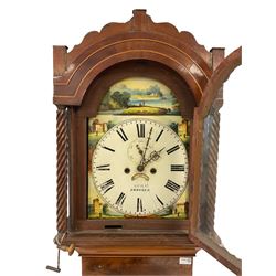 A Victorian mahogany longcase clock, with a break arch top and wavy pediment, break arch hood door with scalloped surround flanked by twisted turned pillars, trunk with canted corners, flat topped door with inlay, conforming pediment with applied moulding to the base, fully painted dial with depictions of country houses to the spandrels and a lake scene to the arch, Roman numerals, minute track and subsidiary seconds dial, dial inscribed “Kern, Swansea” with an eight day weight driven movement striking the hours on a bell. With pendulum.  



