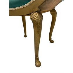 French style gilt dressing table or window stool, the dished and scrolled seat upholstered in turquoise fabric, on shell and scroll carved cabriole supports with acanthus carved feet 