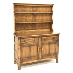 ercol golden dawn elm dresser, two heights plate rack, two drawers and two cupboards, W123cm, H161cm, D48cm