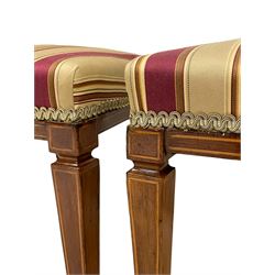 Edwardian set eight mahogany dining chairs, the rectangular cresting rail inlaid with satinwood banding and stringing, x-frame lozenge back with shell inlay, seats upholstered in striped fabric, on square tapering front supports with stringing, two carvers and six side chairs 