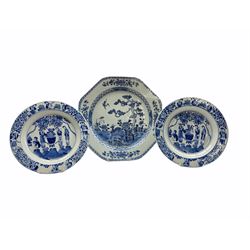 18th century Chinese Export octagonal porcelain plate decorated with Deer under a pine tree L33cm, together with a pair of 19th century Chinese Export shallow bowls painted with three female figures arranging flowers (3)