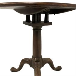 George III mahogany occasional table, circular tilt-top with birdcage action, over a gun barrel pedestal terminating in tripod base with cabriole supports