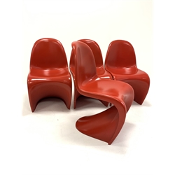 After Verner Panton - Set four moulded poly stacking chairs, finished in red, W49cm
