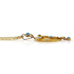 Early 20th century Art Noveau turquoise and seed pearl pendant, stamped 9ct, on later 9ct gold anchor link chain necklace, hallmarked