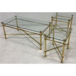 Late 20th century brass coffee table with glazed top (111cm x 56cm, H46cm) together with a pair of matching lamp tables (50cm x 42cm)