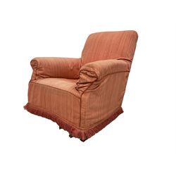 Early 20th century walnut framed armchair, upholstered in gold damask fabric with sprung back and seat, raised on square tapering supports, covered in removable coral chair cover