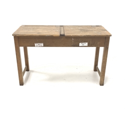 Vintage pine child's school desk, the top with two hinged compartments and brass ink wells inscribed 'Kingfisher Ltd West Bromwich'
