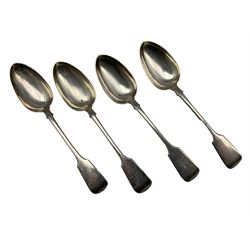 Set of four Victorian silver fiddle pattern table spoons engraved with initial 'L' Exeter 1857 Maker John Stone 7oz