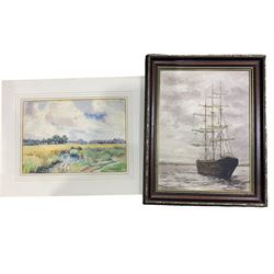 F M Scansfield (British early 20th century): Rural Landscape with River, watercolour signed together with Tom Holland (British 20th century): British Three Mast Ship, oil on board signed max 40cm x 29cm (2)