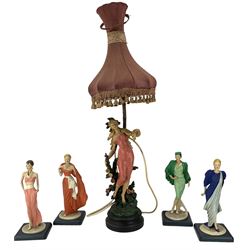 Four Vittorio Tessaro resin figures and a painted spelter table lamp